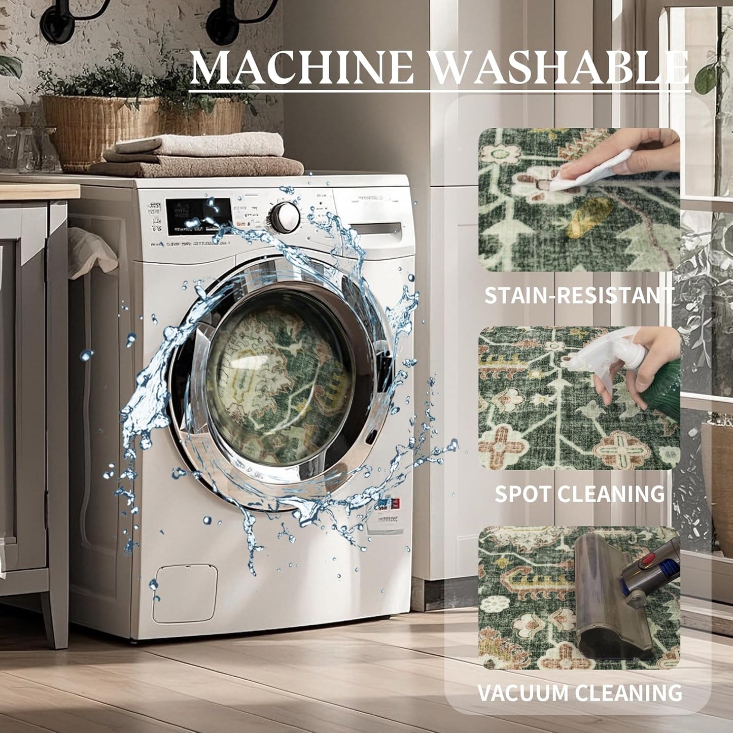 4x6 Area Rug Washable: Oriental Soft Area Rug for Living Room Bedroom No Shedding - Low Pile Thin Carpet Rug for Dining Room Non Slip - Boho Vintage Rug for Home Decor - Retro Forest Green