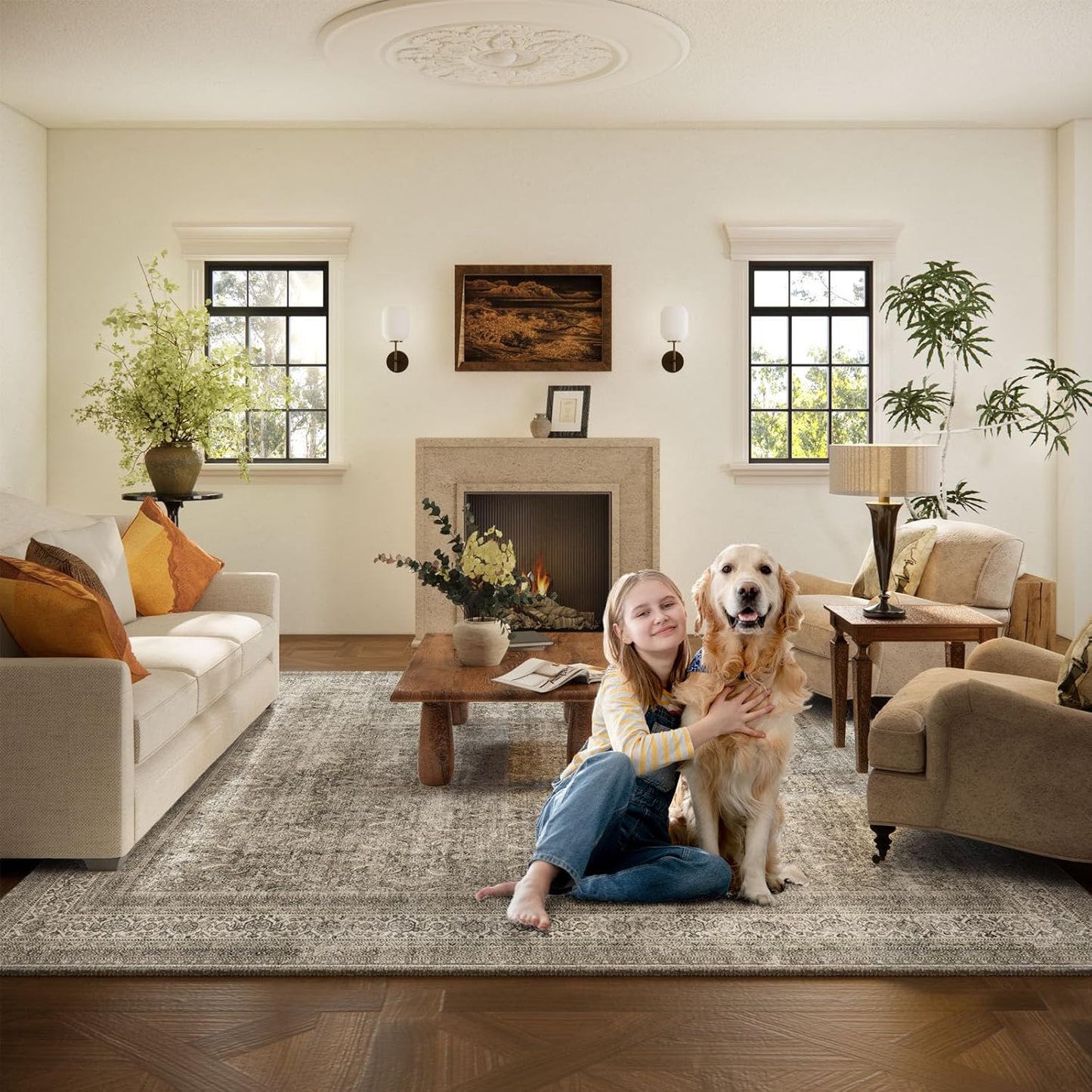 Washable Area Rugs for Living Room: 5x7 Bedroom Rug Boho Vintage Area Rug Stain Resistant Non Slip Low Pile Lightweight Soft Carpets for Dining Room Kitchen Nursery Kids Room Farmhouse