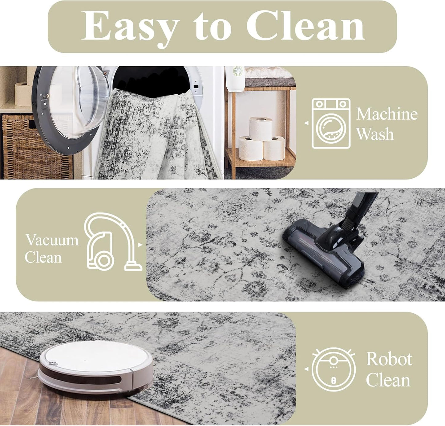 Washable Rugs 5x7 Area Rugs for Living Room, Thin Carpet for Bedroom, Soft Faux Wool Retro Dining Room Rug,Non Slip&Non-Shedding Resistant Low Pile Vintage Print Rug for Home Office (White/Grey)