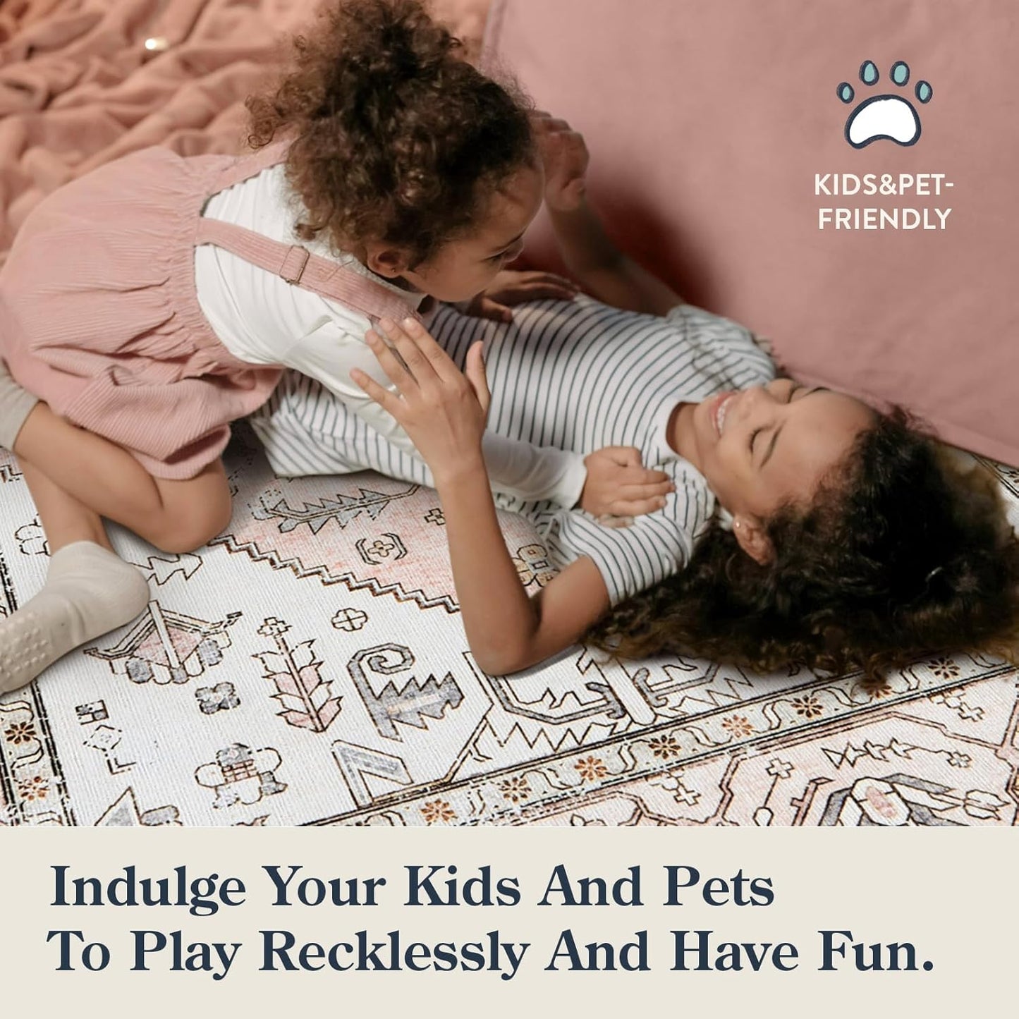 Lahome Boho Entryway Rugs Indoor - 2x3 Washable Area Rug Throw Small Rugs for Bedroom Girls Non-Slip Lightweight Bathroom, Vintage Print Floor Doormat Carpet for Kitchen Laundry Room (Pink, 2'x3')