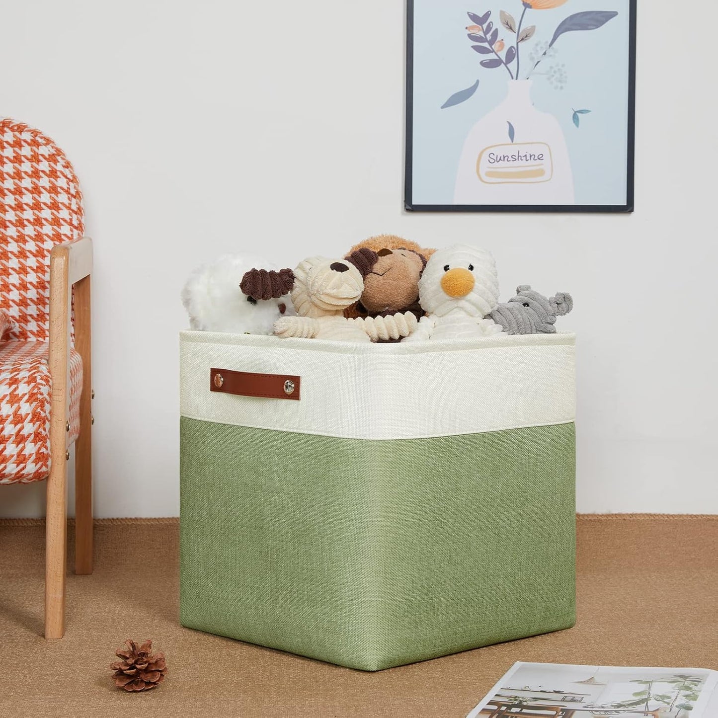 DULLEMELO Storage Baskets for Organizing, Linen Closet Organizers and Storage Baskets for Dog Toy Box, 13 Inch Decorative Cube Storage Bins with handle for Baby Gift Basket(4 Pack - 13" White&Green)