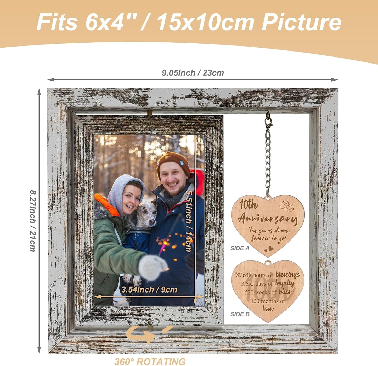 10 Year Anniversary Rotating Picture Frame for Wife, 10th Wedding Anniversary Photo Frame Gifts for Her Him Couples with 2 4x6 Display