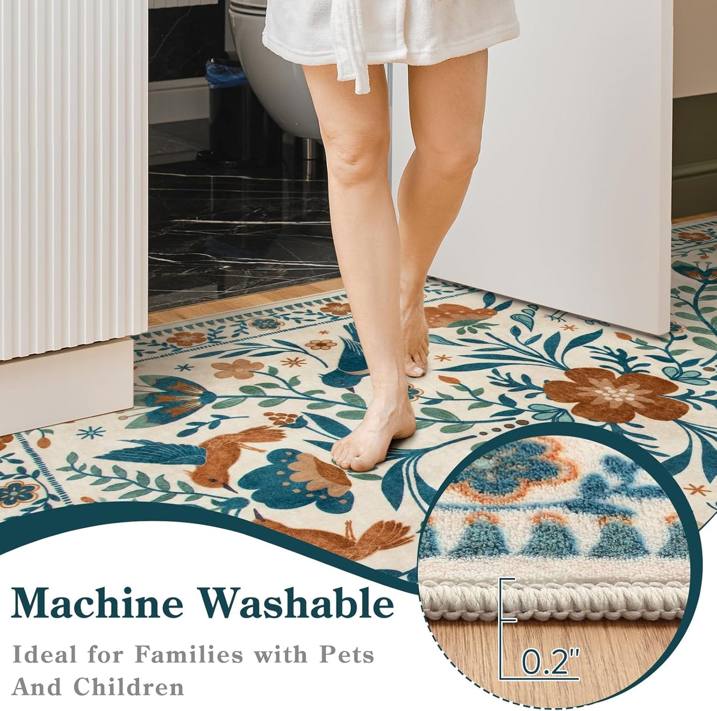 Moynesa Washable 3x5 Rug, Non Slip Kitchen Rugs Boho Bird Small Beige Living Room Area Carpet for Office Bedroom Bathroom, Indoor, Ultra Thin, Soft, Stain Resistant, Floral Entryway Mat