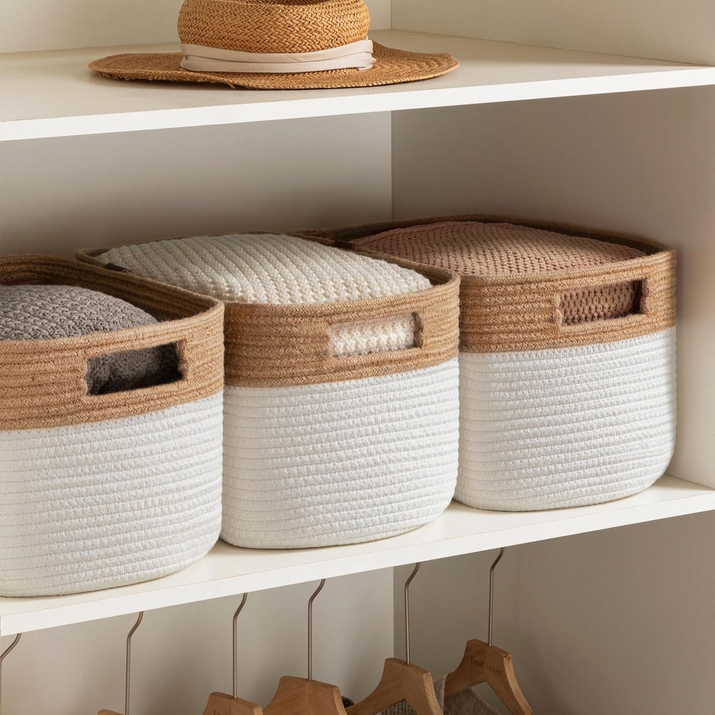 UBBCARE 2 Pack Baskets for Organizing, Woven Storage Baskets with Label for Toys and Towel, Rectangle Cotton Rope Basket with Handles, 15''L x10''W x9''H, Jute&White