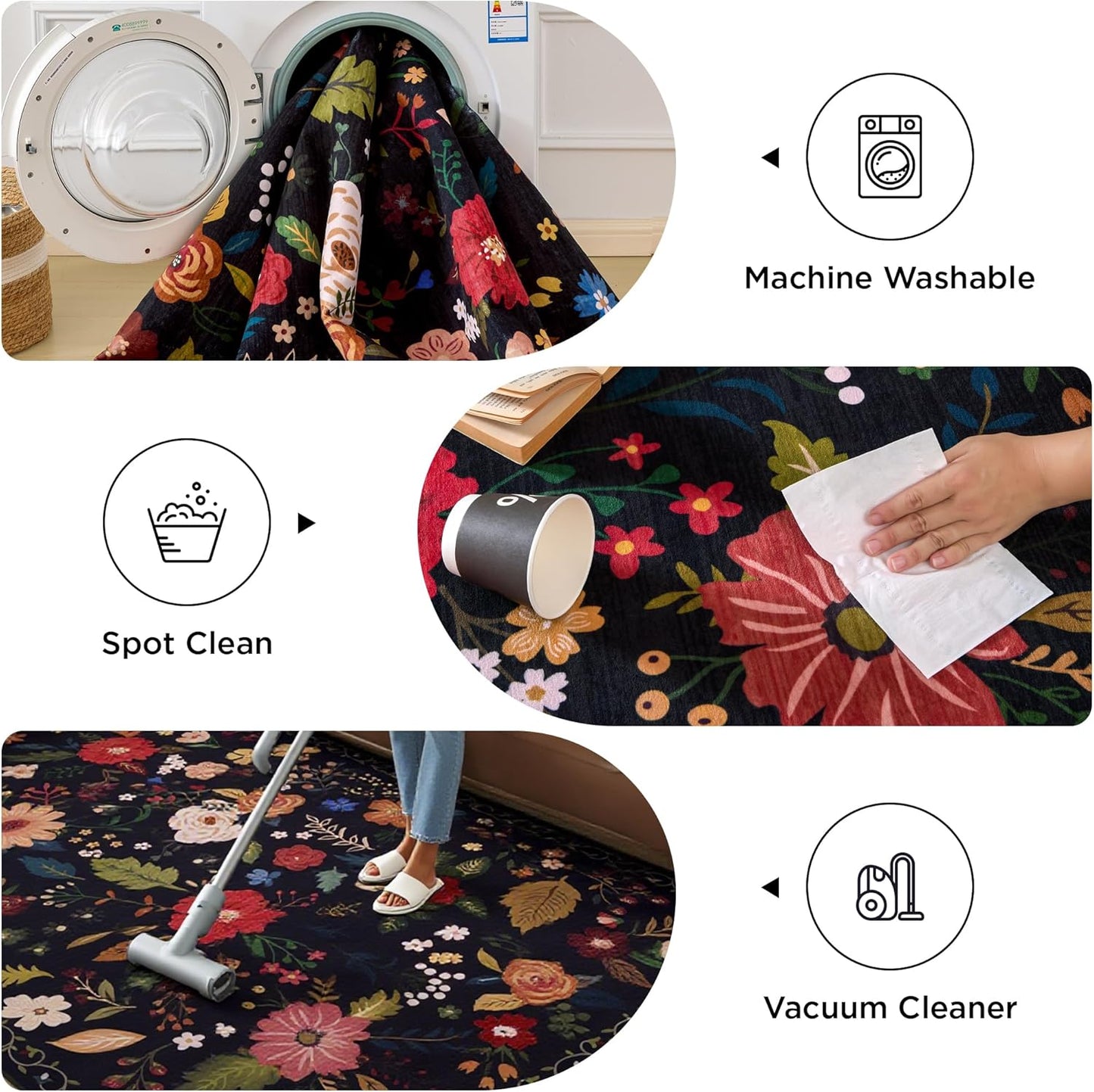5x7 Washable Rug for Living Room, Floral Black Area Rug, Non Slip Low Pile Soft Flower Carpet, Large Rugs for Bedroom, Dining Room, Office, Kids Playroom, Nursery