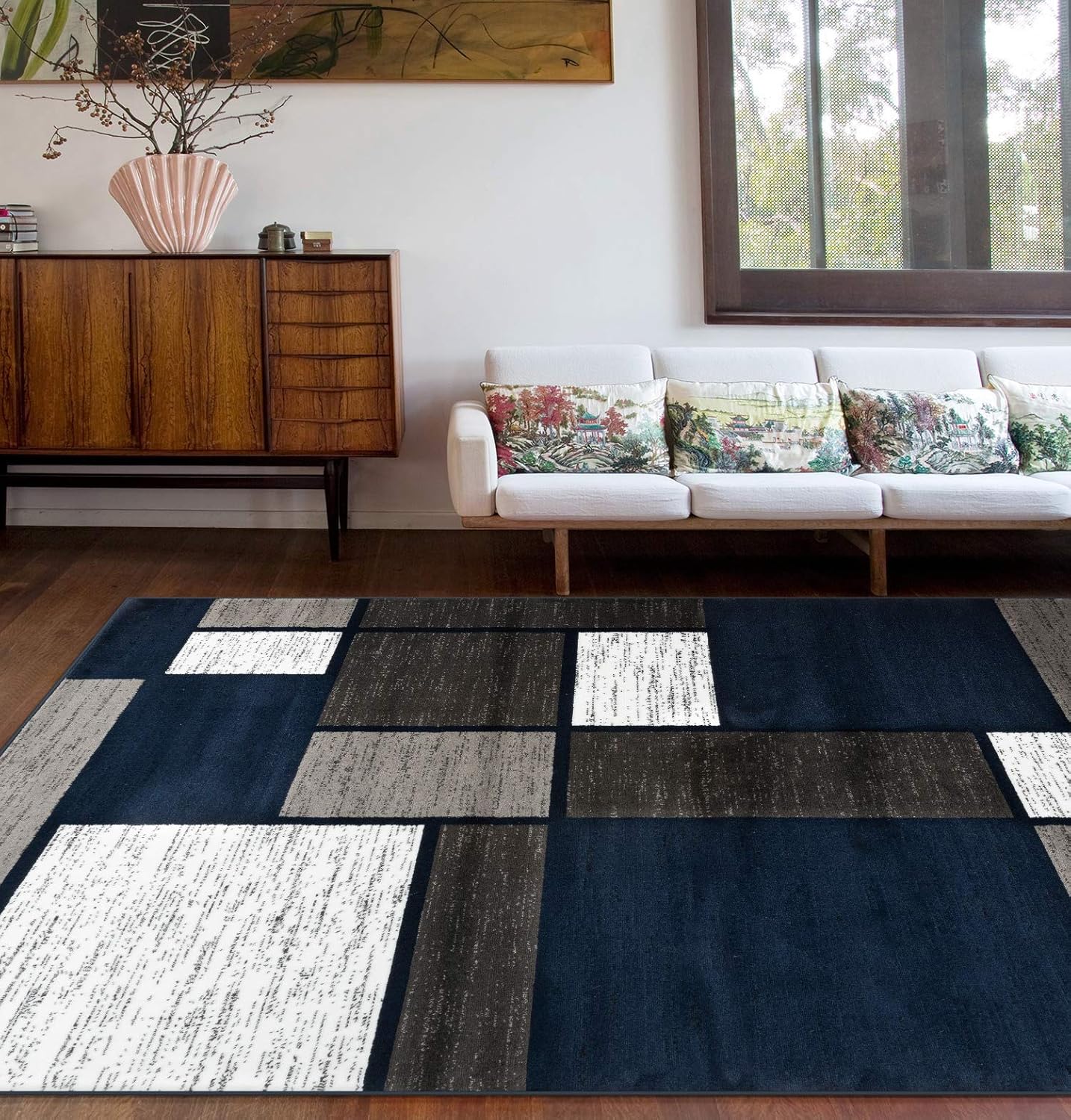 Rugshop Contemporary Modern Boxes Area Rug 6' 6" x 9' Navy