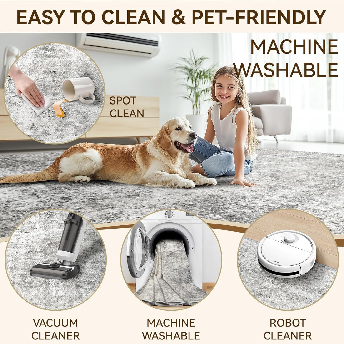 Washable Area Rugs 3'x5' Non-Slip Modern Abstract Soft for Living Room Entryway Bedroom Nursery, Print Pattern, Gray White Grey