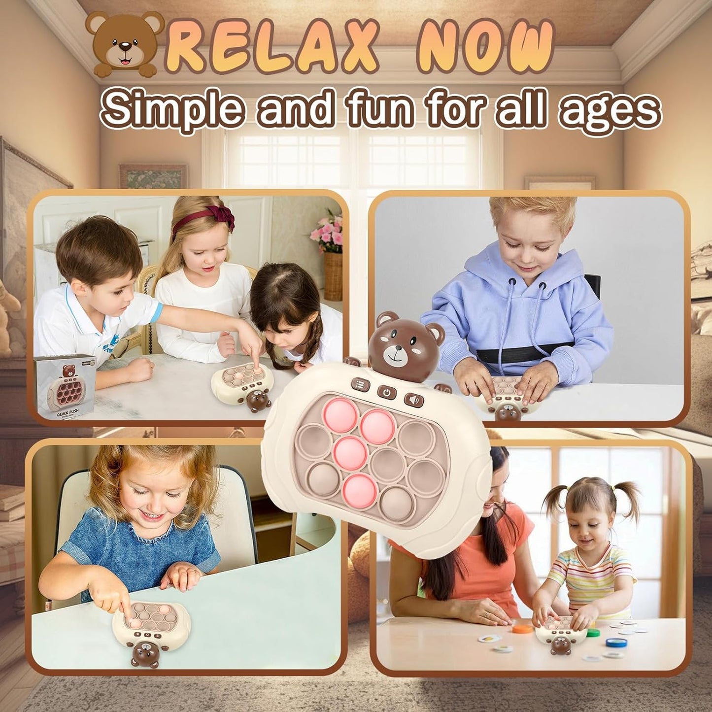 Toymaker Quick Push Game Console Handheld Game Toys Puzzle Popping Press Toy Interesting Push Bubble Fidget Stress Relief Toys Birthday Presents for 3+ Years Old Kids (Bear)