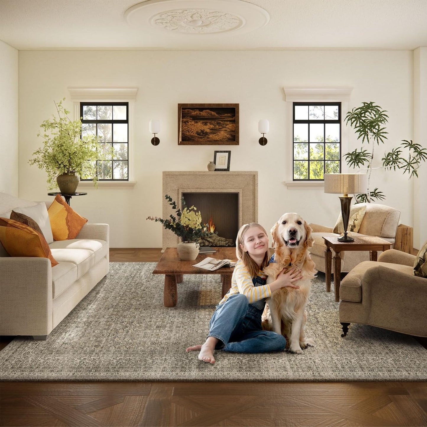 Washable Area Rugs for Living Room: 8x10 Bedroom Area Rug Boho Vintage Rugs Stain Resistant Non Slip Low Pile Soft Lightweight Carpet for Kitchen Dining Room Farmhouse Nursery Kids Room