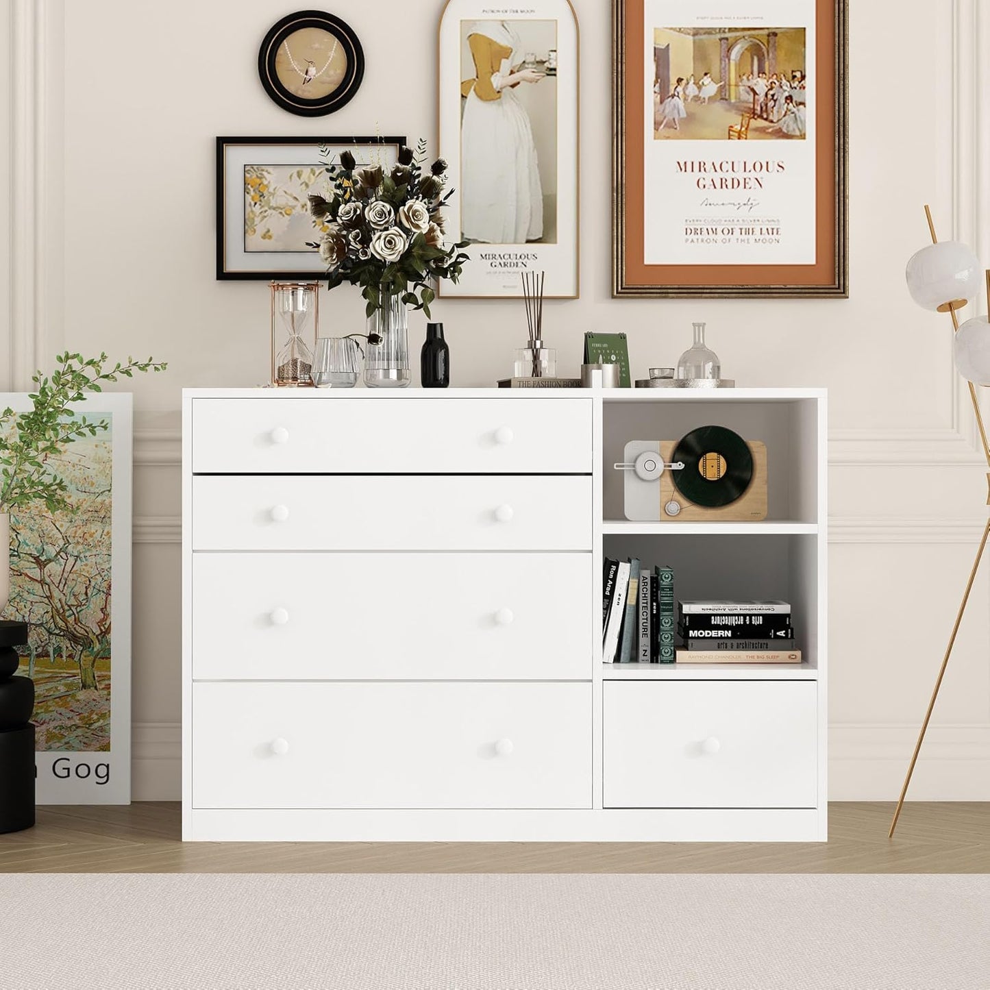 Changing Table Dresser, Baby Classic Nursery Dresser with 5 Drawers and 2 Shelves, Multi-Functional Baby Changing Table, Diaper Changing Station for Children's Room, White