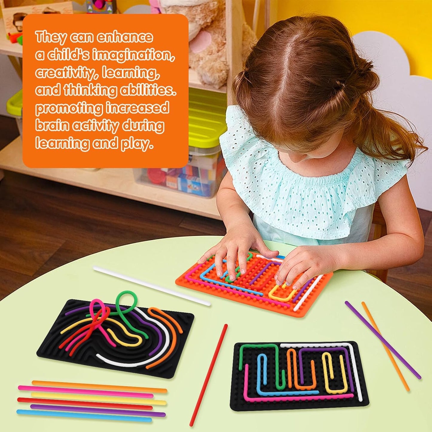 2psc Fidget Toys Sensory Activity Board with 20 Strings, Silicone Sensory Toys for ADHD Autism Stress Relief, Educational Learning Toys for Kids 3+ Years Old, Black & Orange