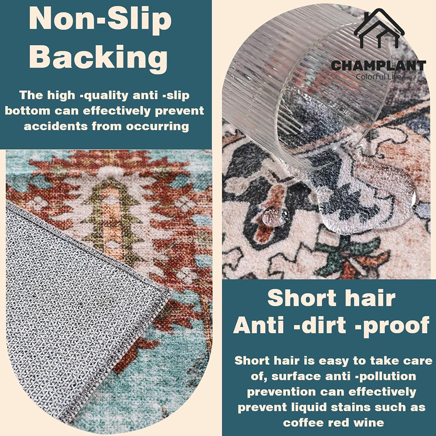 Area Rug 6'x9' Deep Khaki Washable Vintage Traditional Floor Cover Thin Retro Kitchen Indoor Distressed Non Slip Carpet for Living Room Bedroom Dining Room