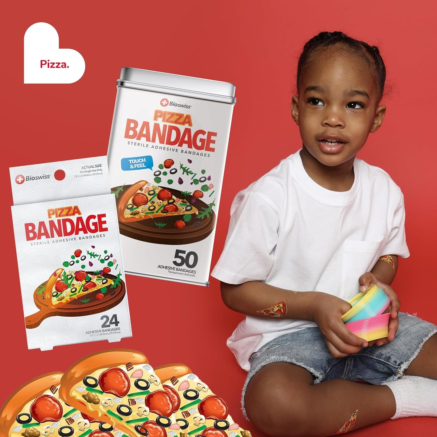 BioSwiss Bandages, Pizza Shaped Self Adhesive Bandage, Latex Free Sterile Wound Care, Fun First Aid Kit Supplies for Kids, 50 Count