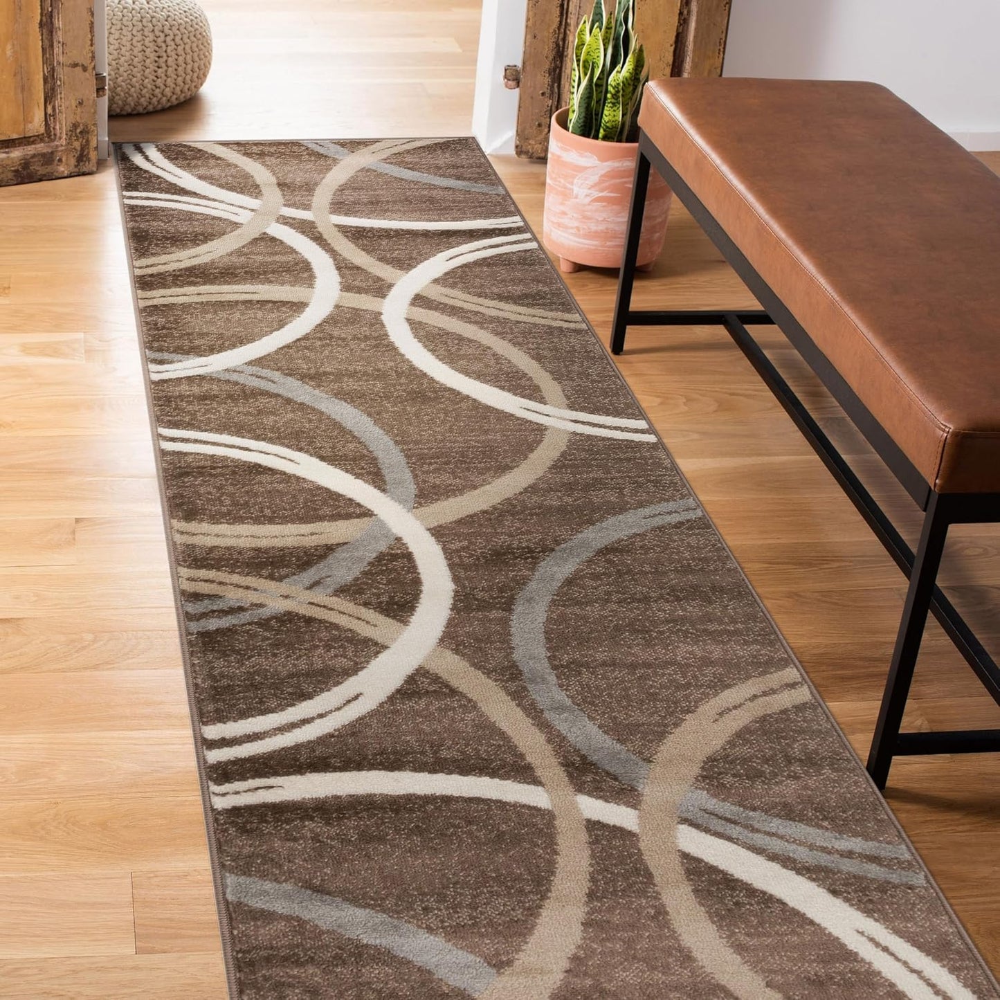 Rugshop Modern Wavy Circles Design Runner Rug 2'7" x 6' Brown