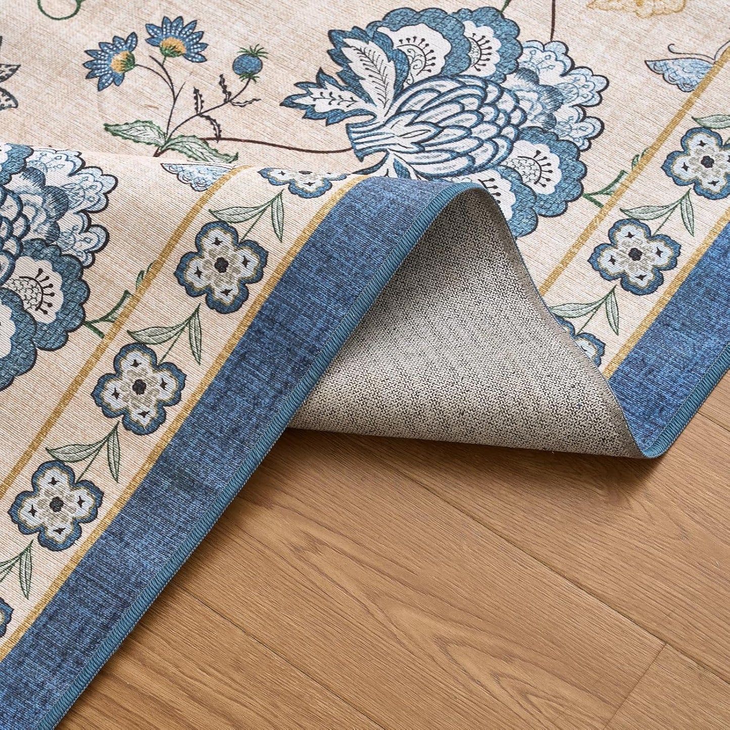 jinchan 7ft Floral Round Rug for Dining Room Washable Living Room Rug Vintage Romance Design Non Slip Indoor Floor Cover Lightweight Low-Profile Throw Carpet for Bedroom Porch Patio, Blue/Beige