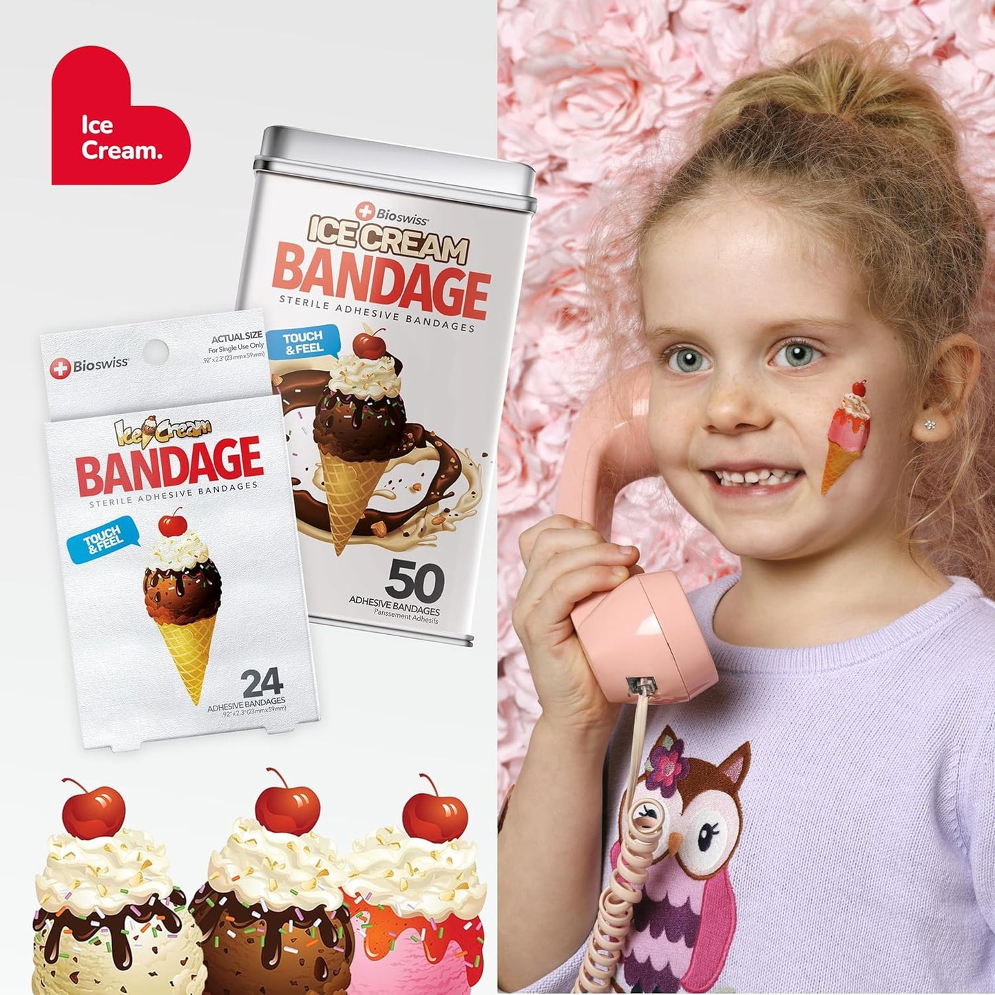 BioSwiss Bandages, Ice Cream Shaped Self Adhesive Bandage, Latex Free Sterile Wound Care, Fun First Aid Kit Supplies for Kids, 24 Count