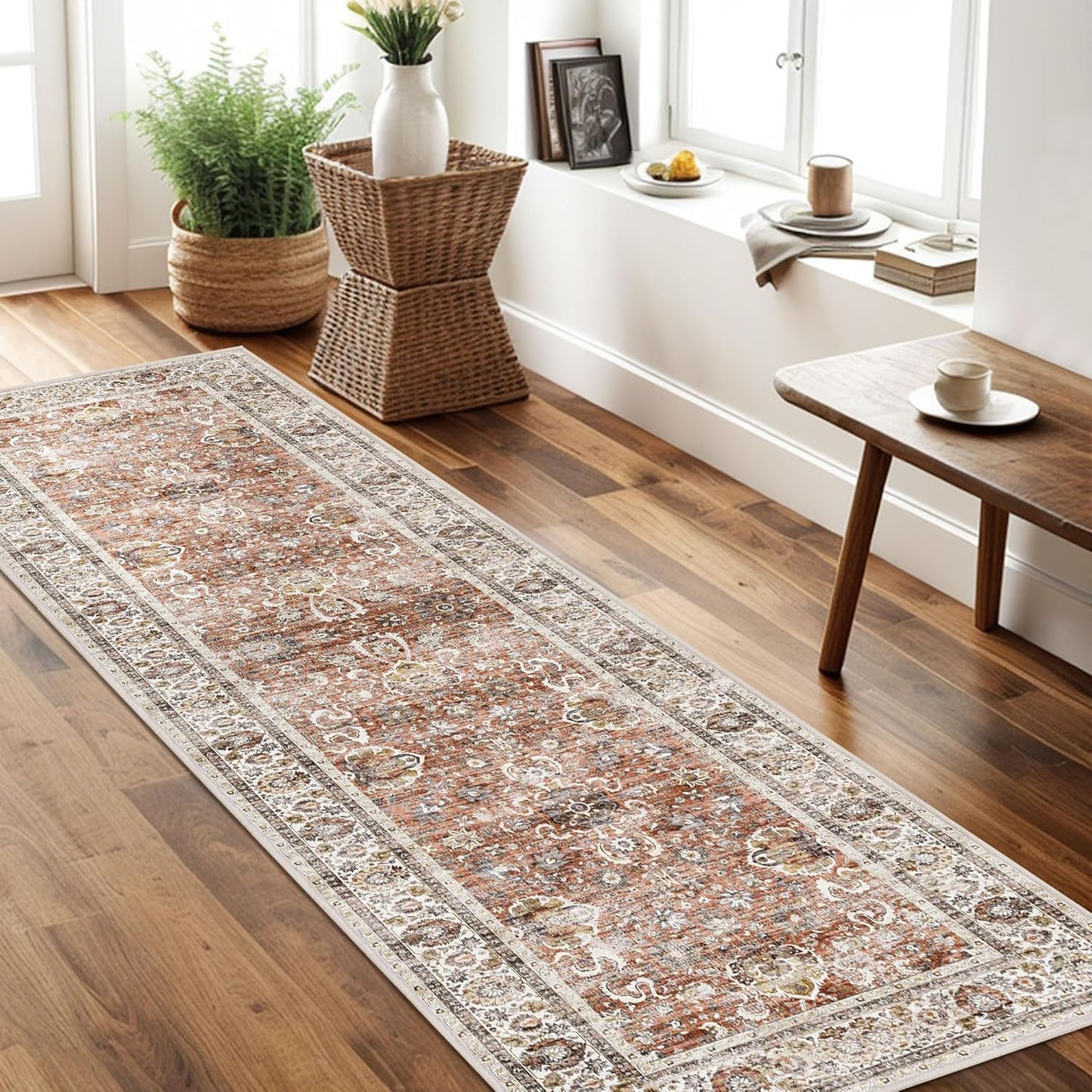 2x6 Runner Rug Non Slip Carpet Runners for Hallway 6ft Fall Runner Rugs with Rubber Backing Rug Runner for Kitchen Bedroom Vintage Distressed(Brick Red)