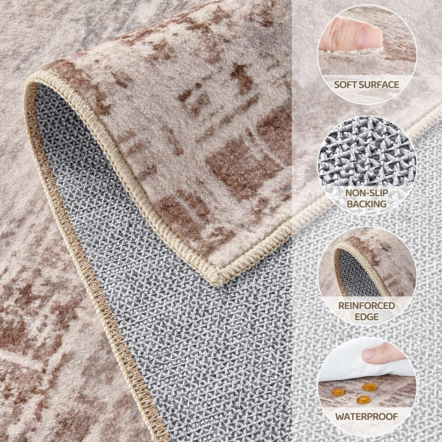 Area Rug for Living Room: 7x9 Washable Neutral Abstract Modern Soft Rugs Non Slip Indoor Floor Stain Resistant Large Carpet for Bedroom Dining Room Office Nursery - Red Brown