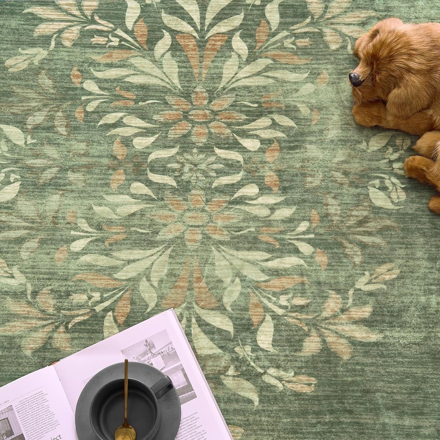 jinchan Round Rug 7ft Area Rugs,Vintage Floral Distressed Design Machine Washable Soft Non-Slip Low-Pile Ultra-Thin Circle Rug for Living Room Dining Room Bedroom Home Office (7' Round,Dark Green)