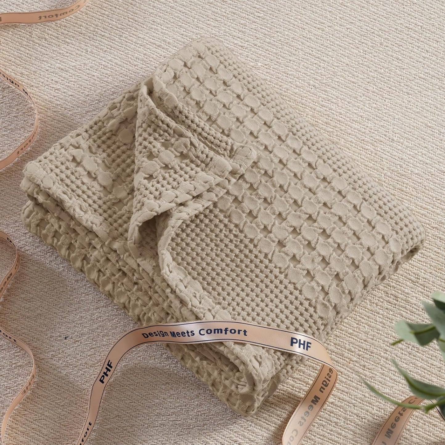 PHF 100% Cotton Waffle Weave Throw Blanket, Soft Lightweight Breathable Cozy Summer Throws for Couch Bed Sofa, Luxury Aesthetic Woven Blanket for Home Decor & Office, 50"x60", Simply Taupe