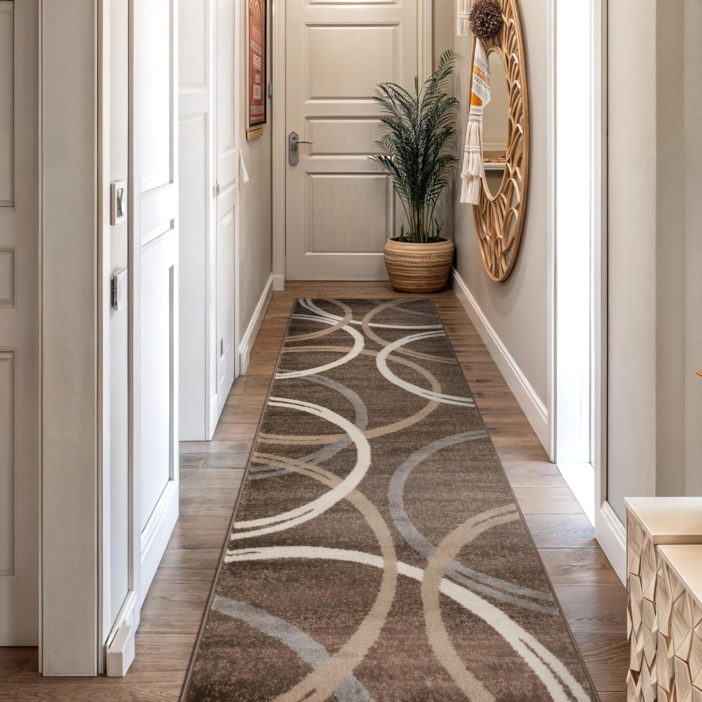 Rugshop Modern Wavy Circles Design Runner Rug 2'7" x 12' Brown