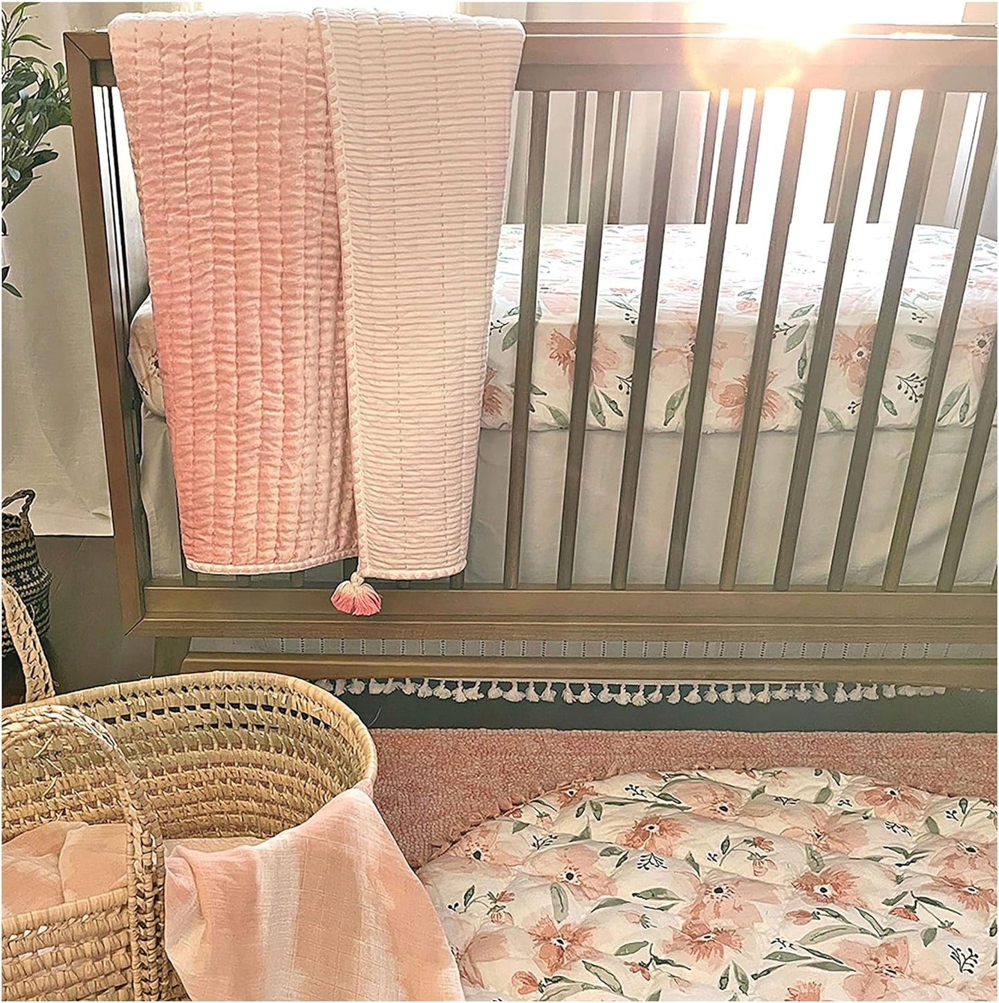 Crane Baby Floral Crib Sheets, 100% Cotton, Breathable Baby Bedding for Standard Mattress, Pink Nursery Decor, Machine Washable Pink Floral Crib, Toddler Sheets