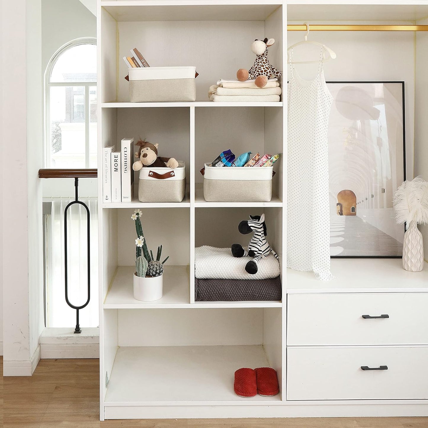 OrganiHaus Small Fabric Storage Baskets for Shelves 3 Pack, 12x8in Closet Storage Bins for Shelves, Cloth Baskets for Organizing, Linen Closet Organizers, Fabric Basket, Beige/White