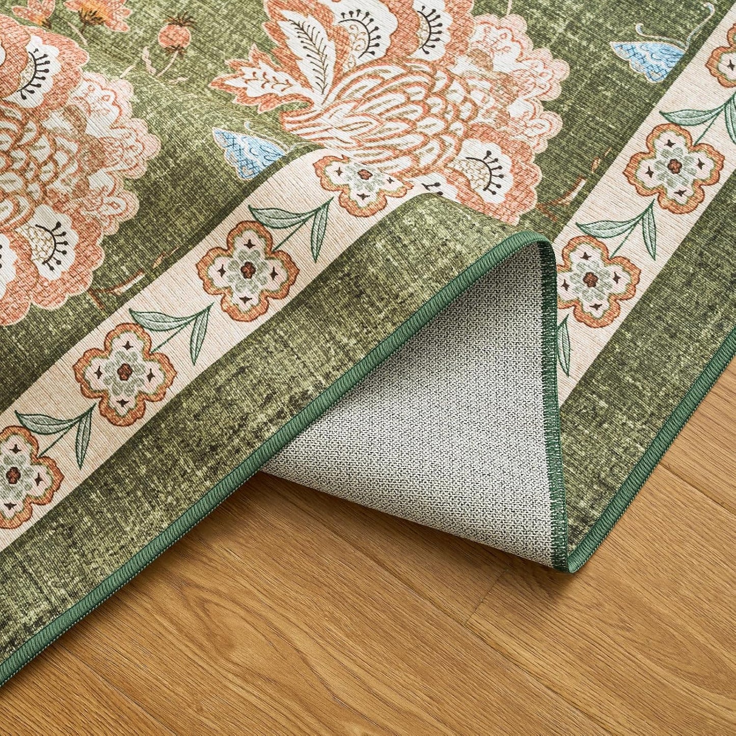 jinchan 4ft Floral Round Rug for Entryway Washable Kitchen Rug Vintage Romance Design Non Slip Indoor Doormat Lightweight Low-Profile Throw Carpet for Living Room Dining Room Bedroom, Green