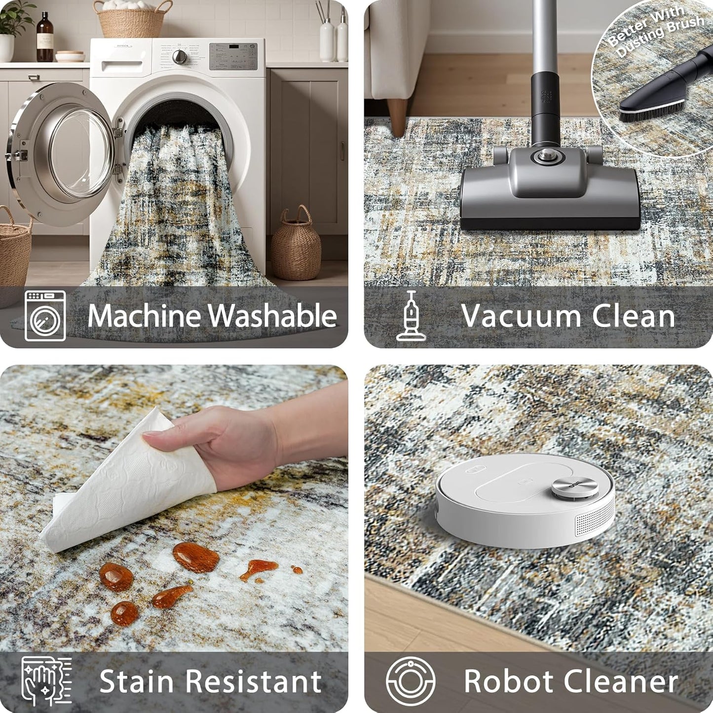 Washable Rug 6x9 Area Rugs: Abstract Washable Rugs with Non-Slip Backing, Stain Resistant Indoor Floor Carpet for Bedroom Dining Room Table Nursery Hallway Home Office Brown/Gray