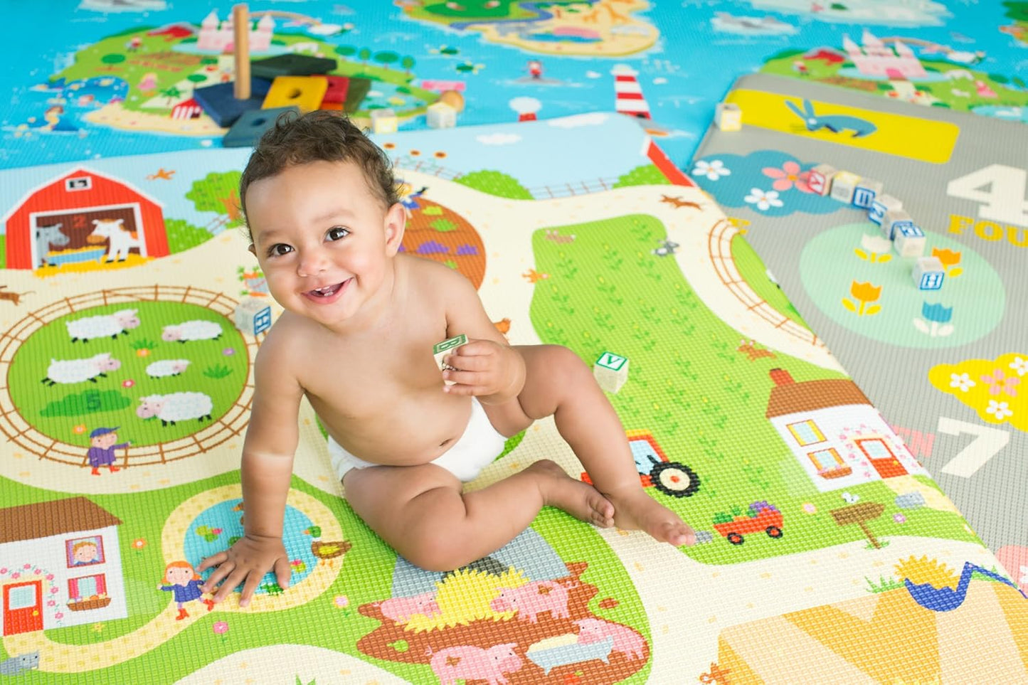 Baby Care Play Mat (Medium, Playful - Busy Farm) 73’’ x 49’’ Original One-Piece Reversible Rollable Waterproof Play Mat for Infants, Babies, Toddler, and Kids