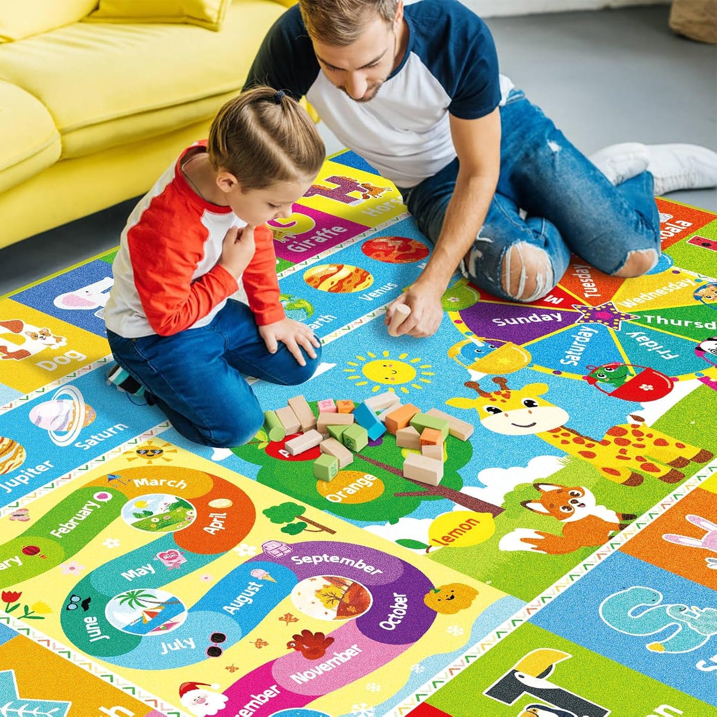 Kids Rug for Playroom, Kids Baby Playmat with Alphabet, Month, Weather, Week and Shapes ABC Educational Rug, Play Mat Carpet for Bedroom Classroom (110.2X78.7 INCH, Ferris Wheel)