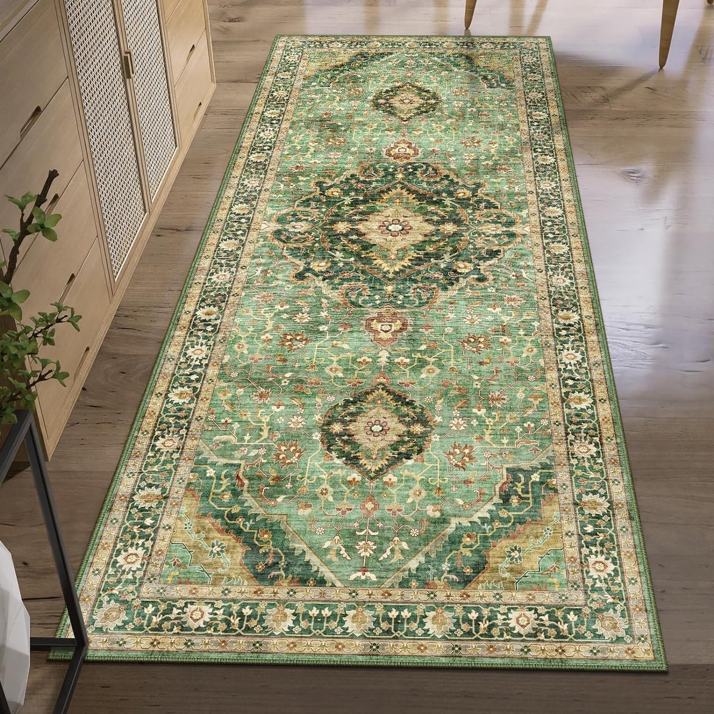 Green Runner Rugs 3x8 Boho Washable Area Rugs for Entryway Bathroom Kitchen, Long Rugs for Hallway Soft Low Pile Non-Slip Rubber Backing Oriental