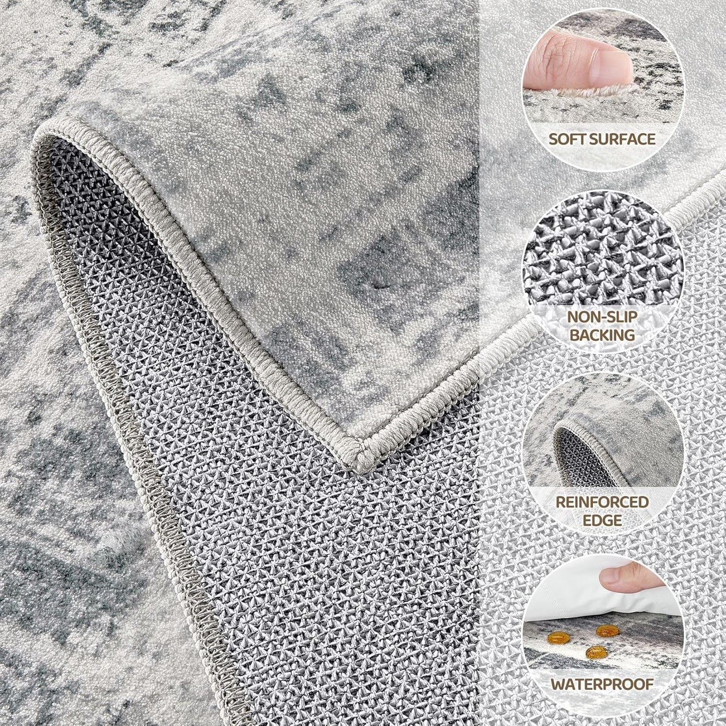 Area Rug for Living Room: 8x10 Washable Neutral Abstract Modern Soft Rugs Non Slip Indoor Floor Stain Resistant Large Carpet for Bedroom Dining Room Office Nursery - Gray