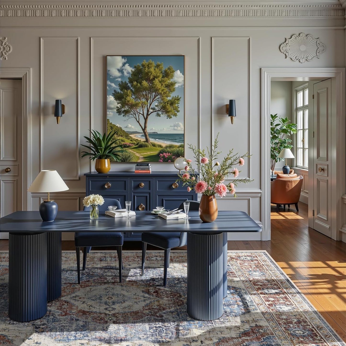 Deerly Rug 8x10 Area Rug Boho Washable Rug Large Rugs for Bedroom Living Room Vintage Non-Slip Oriental Distressed Carpet Indoor Stain Resistant(Border Brown/Navy Blue)