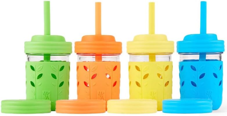 Elk and Friends Kids & Toddler Cups | The Original Glass Mason jars 8 oz with Silicone Sleeves & Silicone Straws with Stoppers | Smoothie Cups | Spill Proof Sippy Cups for Toddlers | 4 Pack