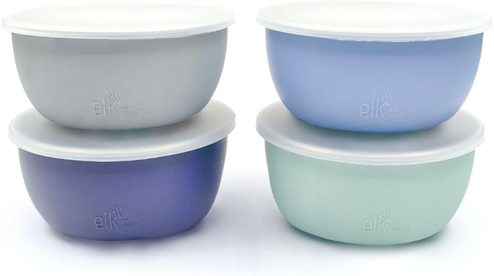 Elk and Friends Stainless Steel Bowls + Silicone Sleeve and Storage Lid | Baby, Toddler, Kids | Cereal & Snack Bowls | Storage Containers | Dishwasher Safe | 4 Pack