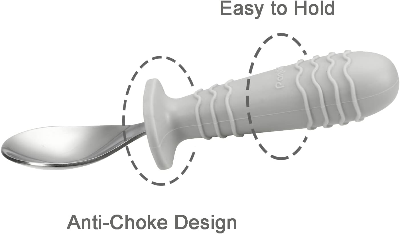 PandaEar 4 Set Baby Toddler Silicone Stainless Steel Utensils Silverware Spoon Fork for Baby Toddler BPA Free with Silicone Holding Anti-Choke Design (Pink&Grey)