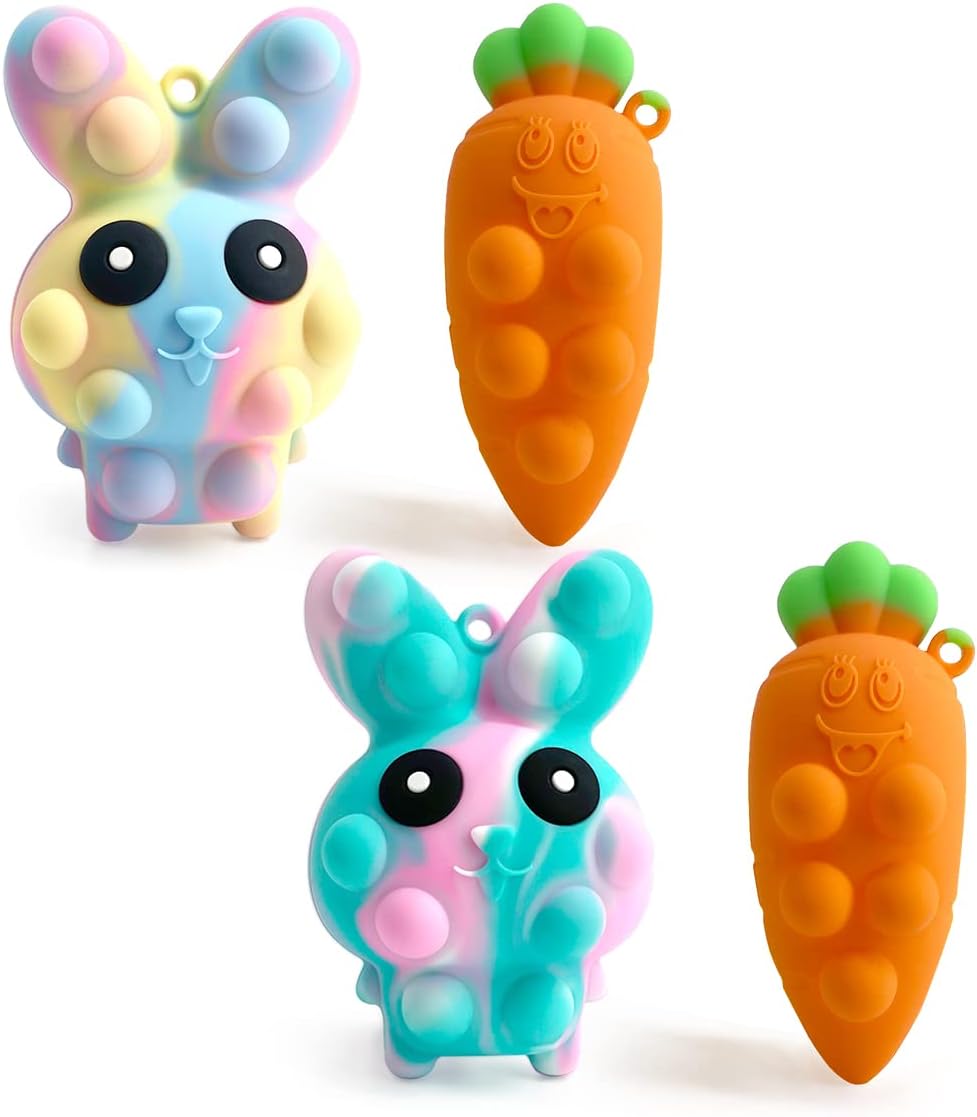 4PCS Easter Pop Stress Balls Fidget Toys, 3D Bunny + Carrot Push Bubble Sensory Balls Fidget Toy, Soft Silicone Squeeze Toys for Kids Adults Stress Relief Party Favors