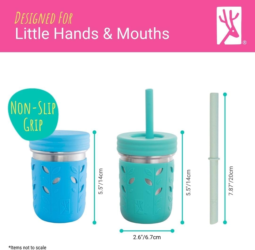 Elk and Friends 14oz Stainless Steel Kids + Toddler Drinking Cups | The Original Mason Jars with Lids + Sleeves + Straws | Smoothie Cups | Spill Resistant | Dishwasher Safe | 2 Pack
