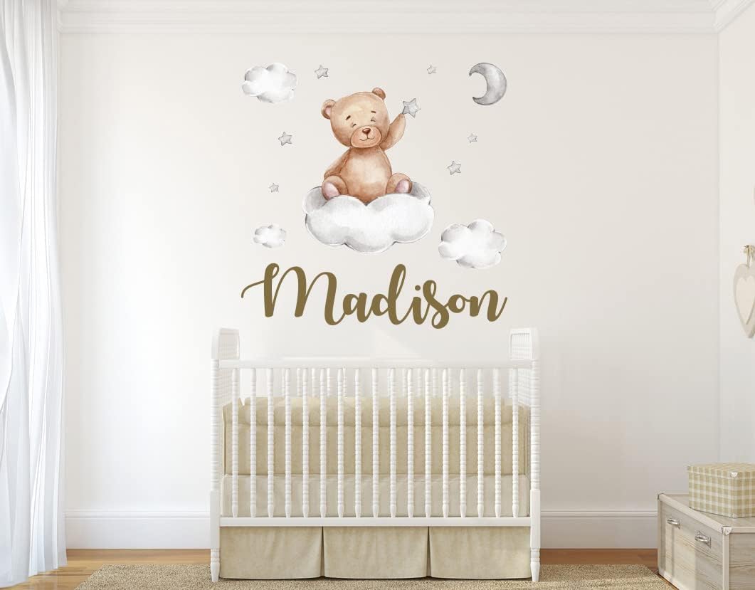 Custom Name Teddy Bear Nursery Wall Decal - Moon, Starts Clouds Watercolor Baby Room Decor for Boys & Girls - Teddy Bear Wall Stickers - Personalized Name Wall Sticker for Nursery playroom