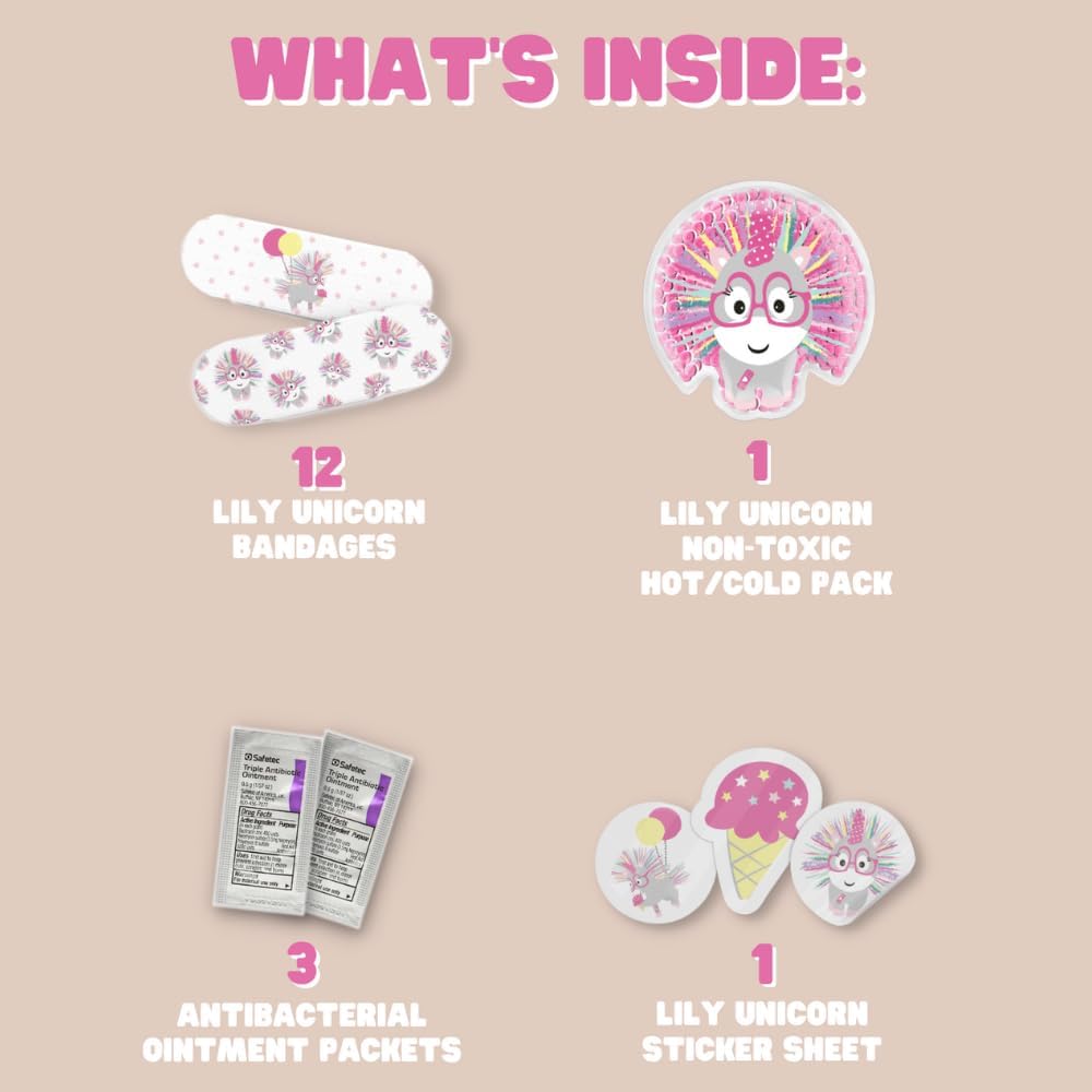 Plush Emergency Kit for Home – Compact Travel Size – Kids Medical Kit – Toddler Care Kit – Mini Boo Boo Bag – Small Emergency Kit for Classroom – Lily Unicorn Plush Bag