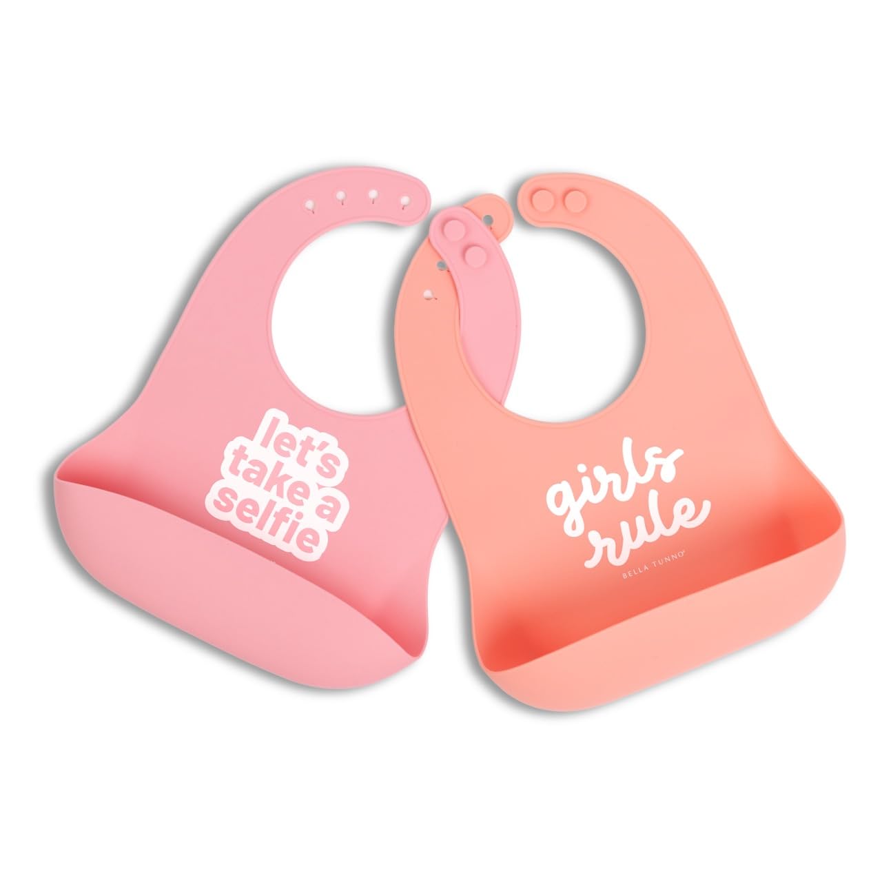 Bella Tunno Baby Bib for Eating, Waterproof Silicone Bib with Large Food Catcher, Adjustable Fit for Babies 4-12 months & Toddlers 1-3 Years, Boys & Girls, Lets Take a Selfie + Girls Rule