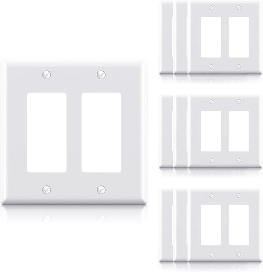 ELEGRP 2-Gang Decorative Wall Plates, Mid-Size 4.88" H x 4.94" L Unbreakable Thermoplastic Faceplate Cover for Decorator Receptacle Outlet Switch, UL Listed (10 Pack, Glossy White)