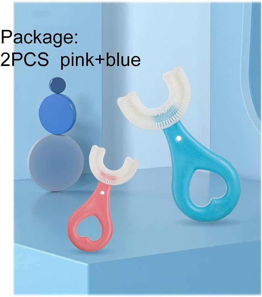 2 Pcs U-Shaped Kids Toothbrush, Premium Soft Manual Training Toothbrush for Kids 2-6 Years Old. (Blue+Pink)