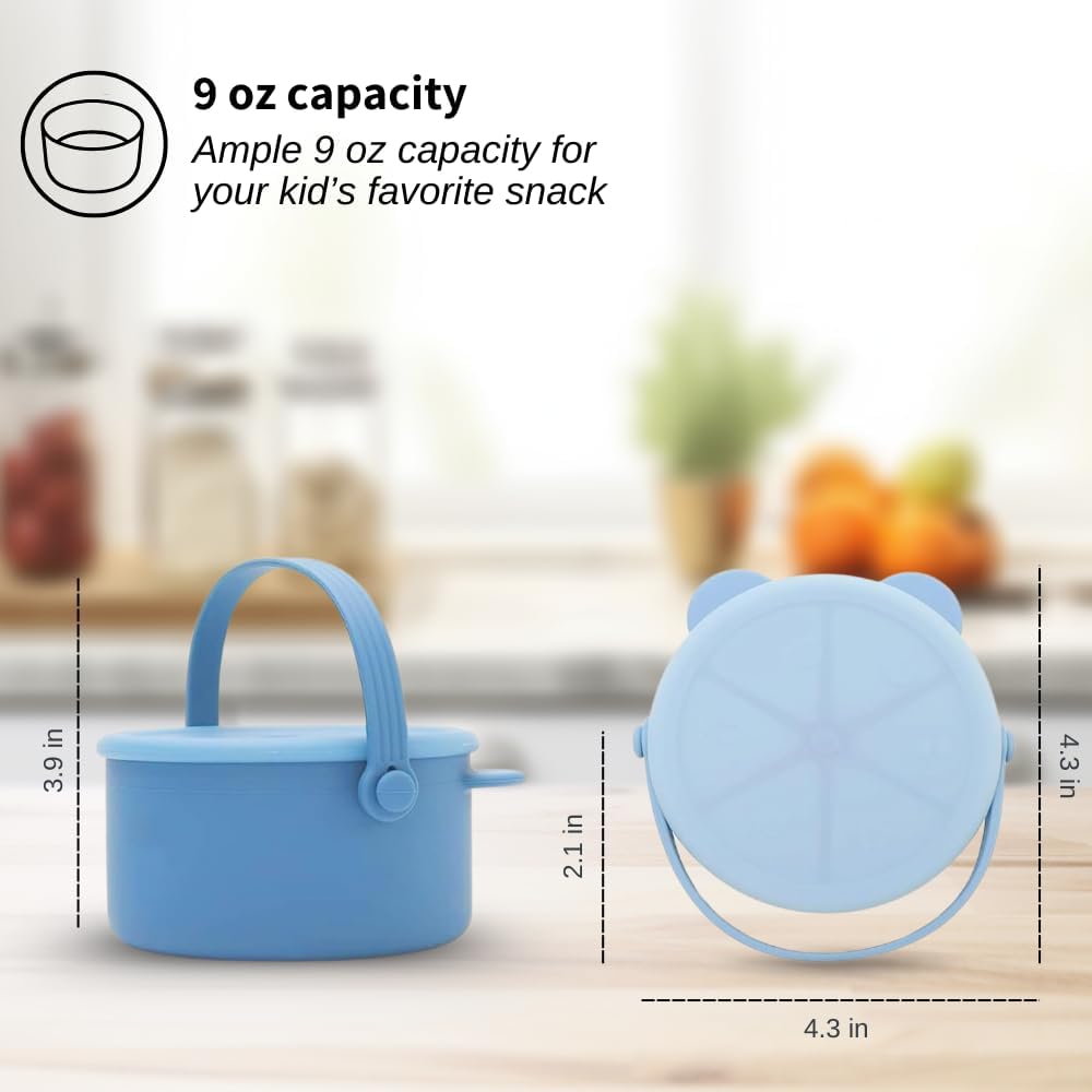 Silicone No Spill Snack Cups for Toddlers – Portable Baby Snack Cup Containers with Dustproof Lid – Dishwasher-Friendly Toddler Spill Proof Cups Without BPA, Lead, or Phthalates – Blue and Pink