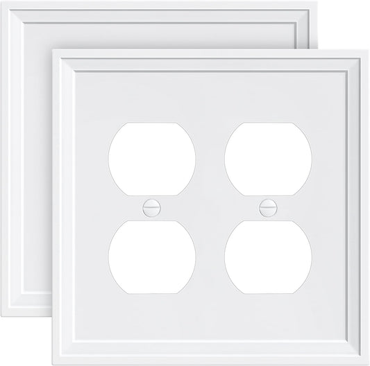 2-Pack Double Duplex Outlet Cover, Natural Bamboo Fiber Switch Plates and Outlet Covers, White Decorative Wall Plates for Electrical Outlets, 2 Gang Receptacle Cover, Corrosion Resistant