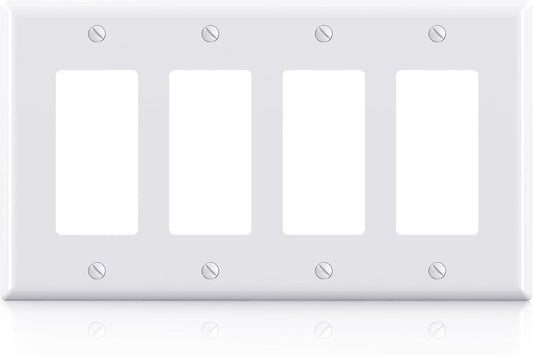 ELEGRP 4-Gang Decorative Wall Plates, Mid-Size 4.88" H x 8.57" L Unbreakable Thermoplastic Faceplate Cover for Decorator Receptacle Outlet Switch, UL Listed (1 Pack, Glossy White)