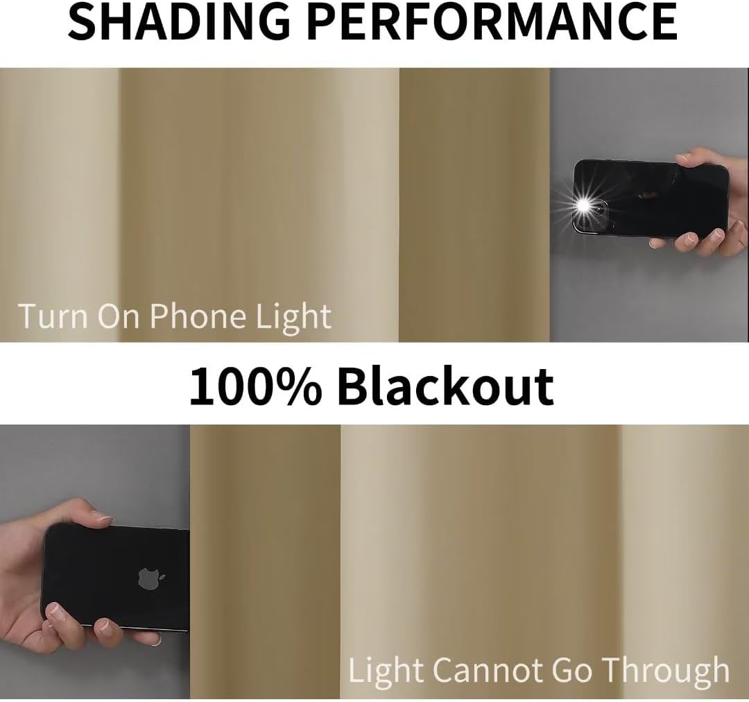 Joydeco 100% Beige Black Out Curtains 96 Inches Long 2 Panels Set, Blackout Curtains 96 Inches Long for Bedroom Windows, Solid Thermal Insulated 96 Inch Black Out Drapes 2 Panels for Livingroom