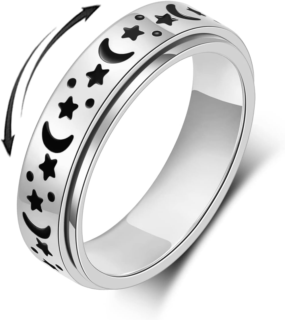 OreilleStar Anxiety Ring for Women Fidget Ring Stainless Steel Fidget Toys Adults Spinner Rings Silver Moon Star Fidgit Rings
