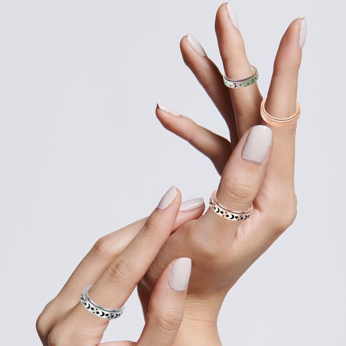 Anxiety Ring for Women Men, Titanium Stainless Steel Spinner Ring, 5 Colors, 6MM, Size 6-10, 3 Styles Anxiety Ring-Moon Star, Sandblasted Finished, Hollow Outer